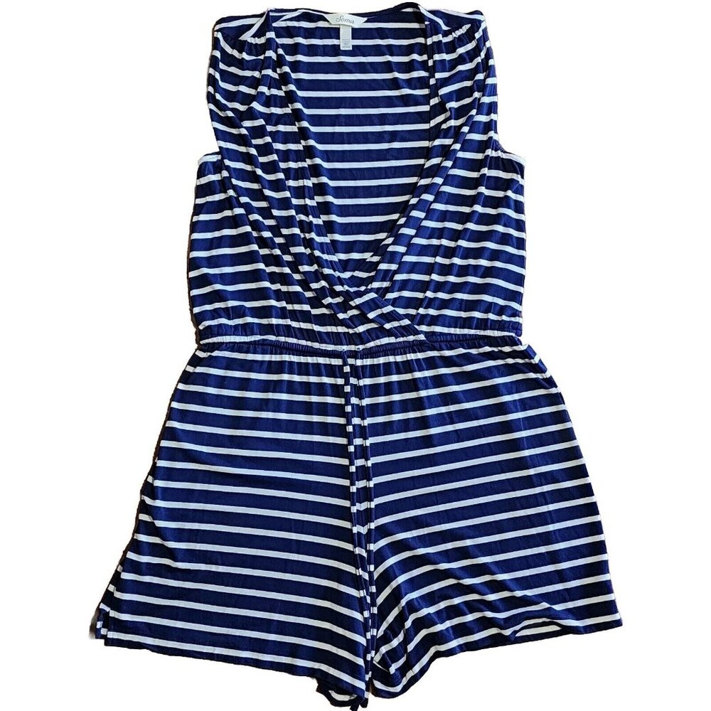 SOMA Blue and White Striped Sleeveless Romper‎ Womens Size M Medium